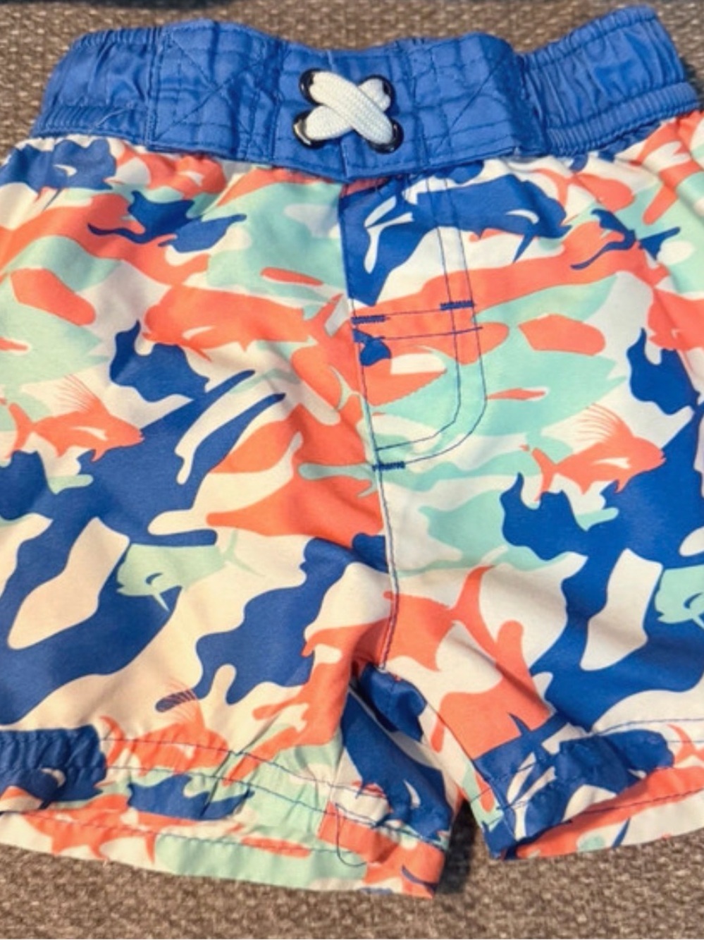 Toddler Camouflage Swim Trunks in Blue, Orange & Mint